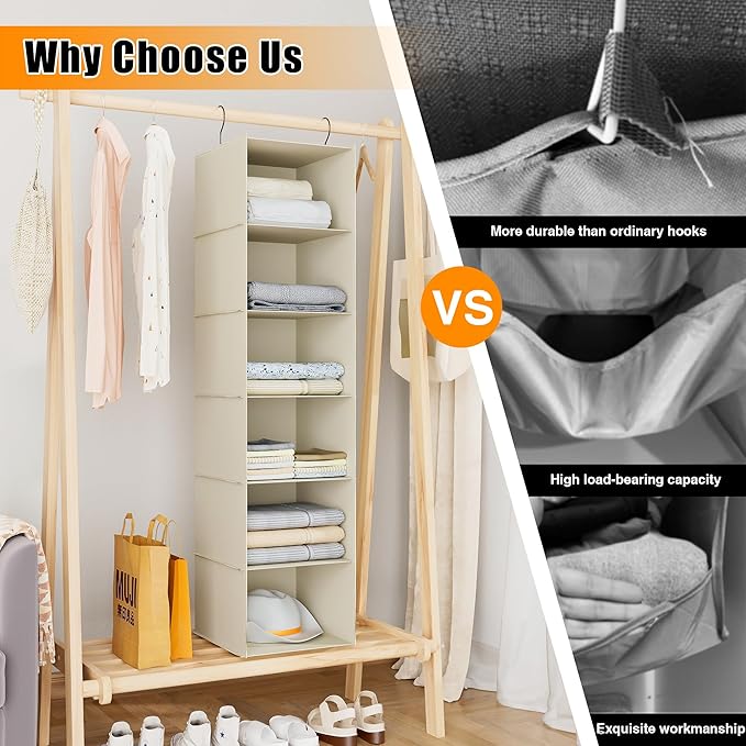 Hanging Closet Organizer, Easy Mount Foldable 6-Shelf Hanging Closet Wardrobe