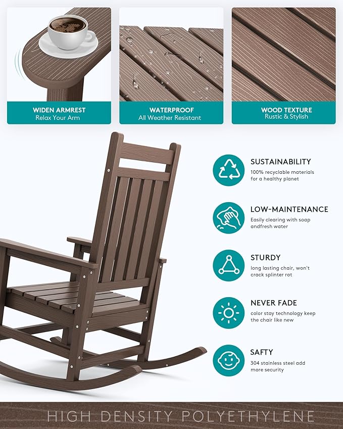 SERWALL Oversized Rocking Chair, Outdoor Rocking Chair for Adults, All Weather Resistant Porch Rocker for Lawn Garden, Brown
