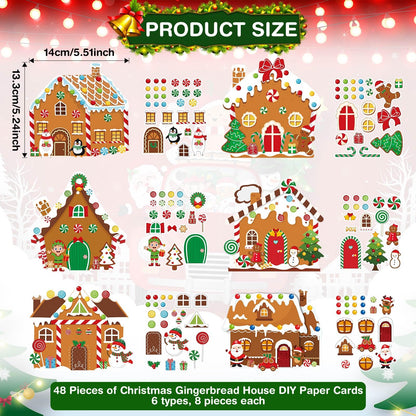 Pasimy Christmas Crafts Kits for Kids Xmas Gingerbread House Crafts DIY Christmas Tree Ornament Kit Make Your Own Gingerbread House Craft Stickers for Holiday Xmas Classroom Party Favors(48pcs)