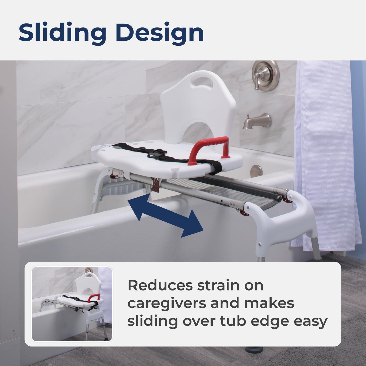 Drive Medical RTL12075 Adjustable Height Sliding Bathtub Transfer Bench Shower Chair with Armrests and Seatbelt, 300 Pound Weight Capacity, White