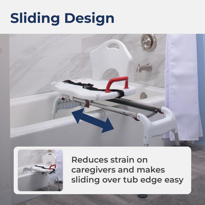 Drive Medical RTL12075 Adjustable Height Sliding Bathtub Transfer Bench Shower Chair with Armrests and Seatbelt, 300 Pound Weight Capacity, White