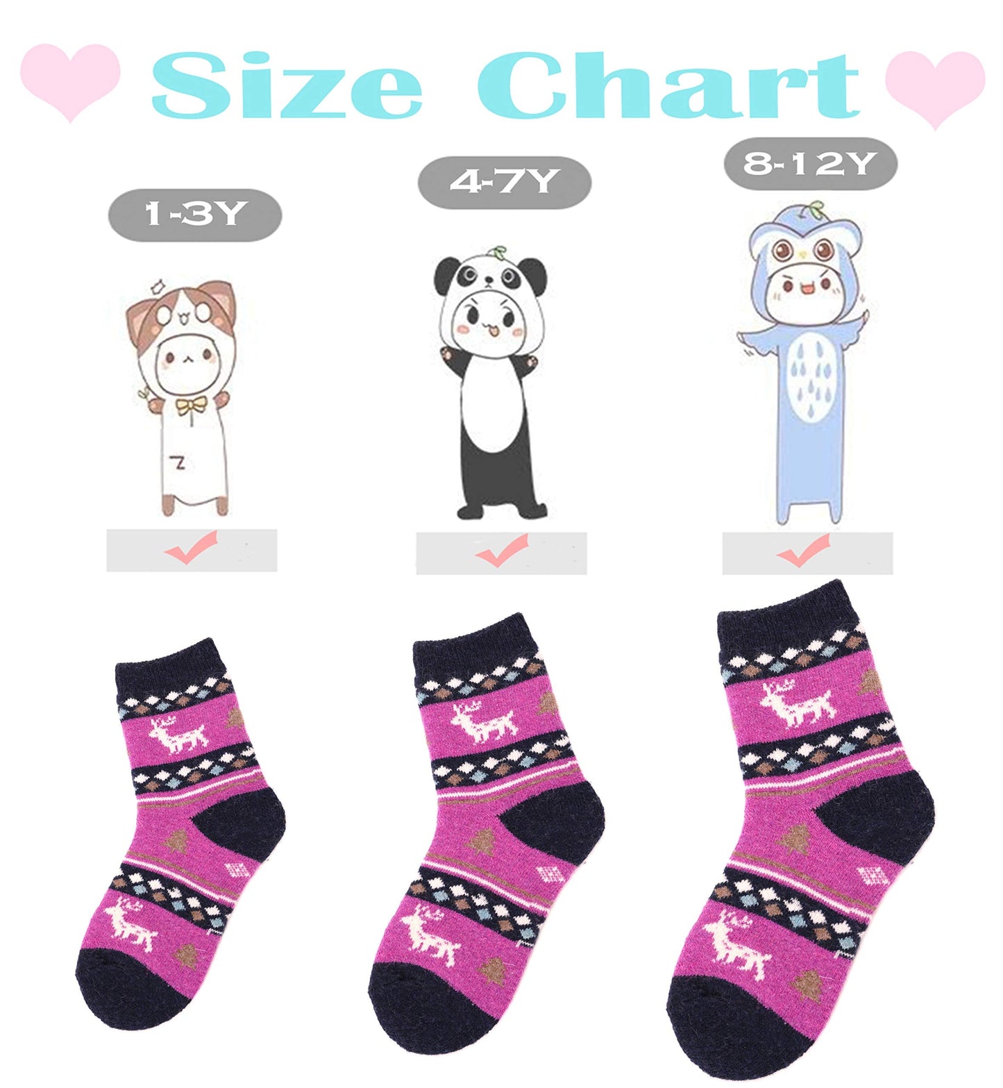 ANTSANG Kids Merino Wool Hiking Socks Toddlers Boys Girls Winter Warm Thick Thermal Crew Boot Heavy Cozy Snow Cabin Gift Snowboarding Socks 6 Pairs for Childs(Christmas Deer,1-3Y)