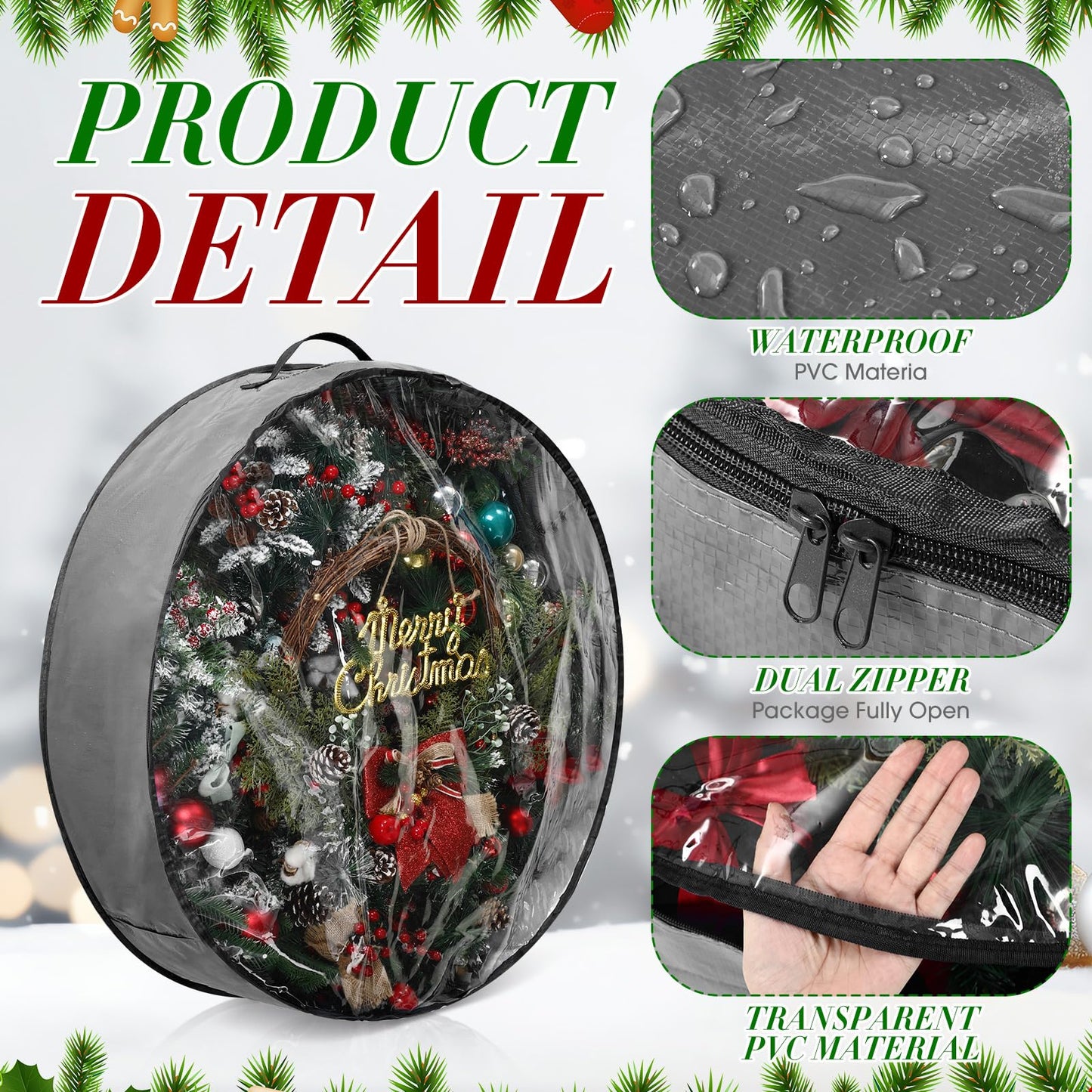 Aliceset 4 Pack Wreath Storage Containers, Ornament Garland Wreath Storage Bags with Handle Zipper Decorative Storages Box for Christmas in July Wreaths(24 x 24 x 7.8 Inch,Gray)