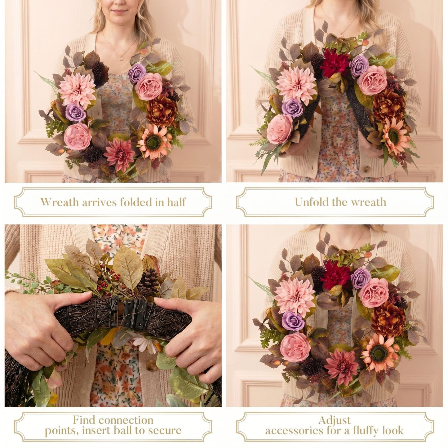 Valery Madelyn 24'' Collapsible Pre-Lit Flowers Fall Wreath for Front Door