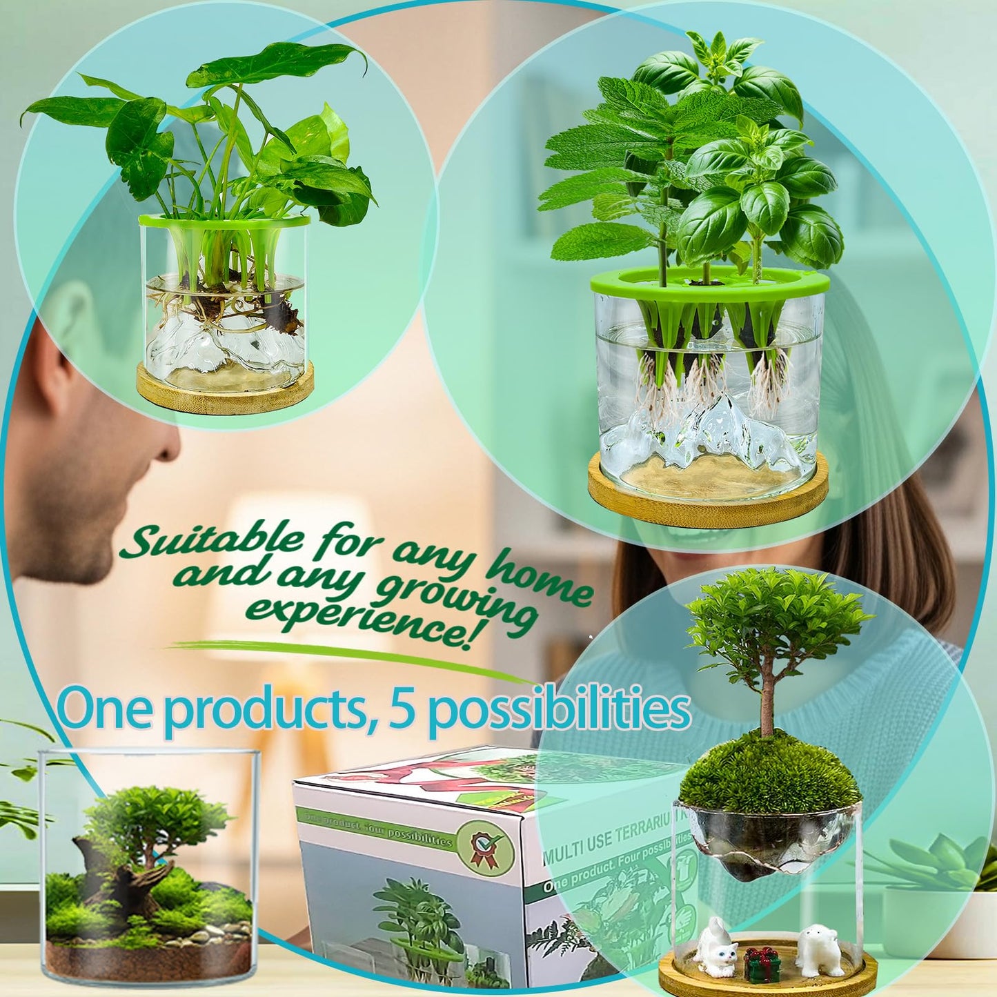 Versatile Plant Propagation Station Vase Hydroponic Planter Pot,Glass Plant Terrarium Kit,Fresh Indoor Herb Garden Kit| Christmas Birthday Gift for Gardener Women Mom Garden Lover | Home Office Decor