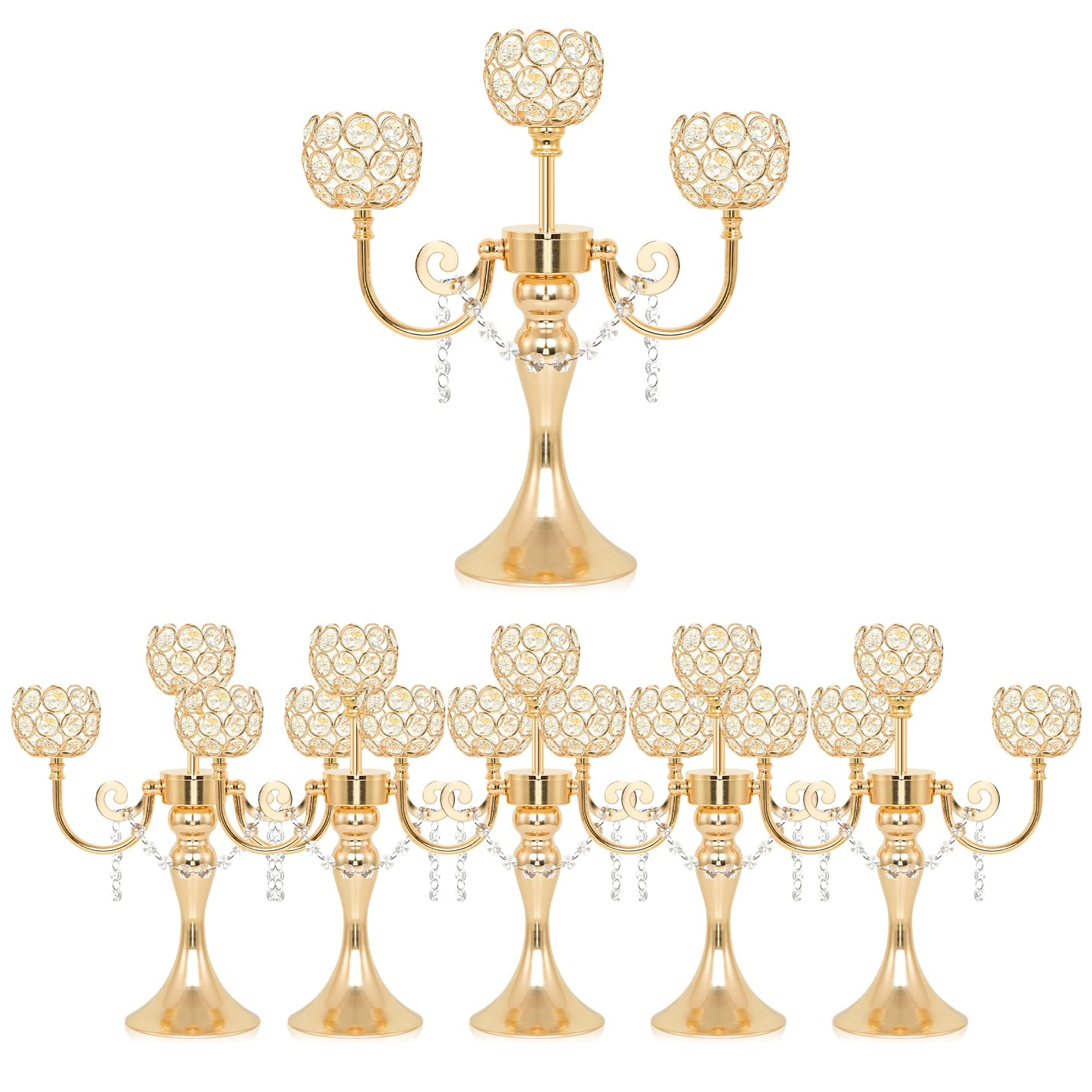 3-Arm Gold Metal Candelabra with Crystal Bowls, Tealight Holder Centerpiece for Birthday, Dining Table, Party Decor, Christmas and Home Decoration (6, Gold)