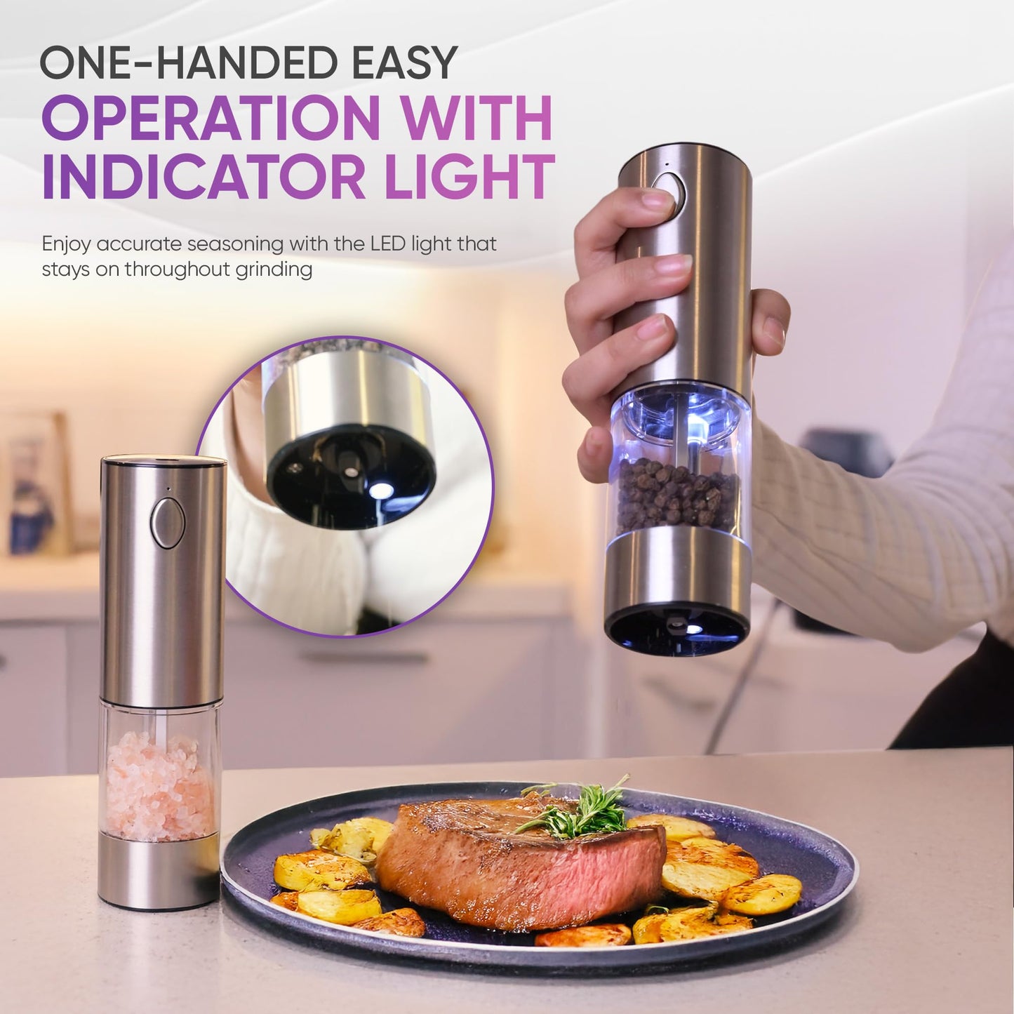 Meditati Rechargeable Automatic Salt and Pepper Grinder Set - One Hand Operation with LED Light for Precise Seasoning - Adjustable Coarseness with Ceramic Core - Set of 2