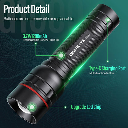 GEARLITE LED Torch Rechargeable, 2 Pack 2000LM Super Bright Adjustable Focus Flashlight, 3 Lighting Modes, Long Battery Life, Waterproof Pocket Size Torch for Power Cuts, Emergency