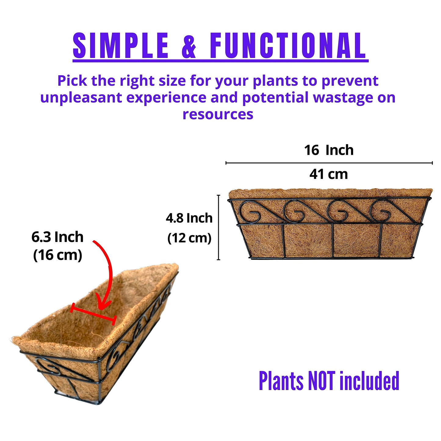 LaLaGreen Wall Mounted Planters - 16 Inch, 4 Pack Window Flower Boxes Basket Outdoor, Balcony Planter Over the Rail, Deck Railing Hanging with Coco Liners, Metal Horse Troughs Fence Patio Porch