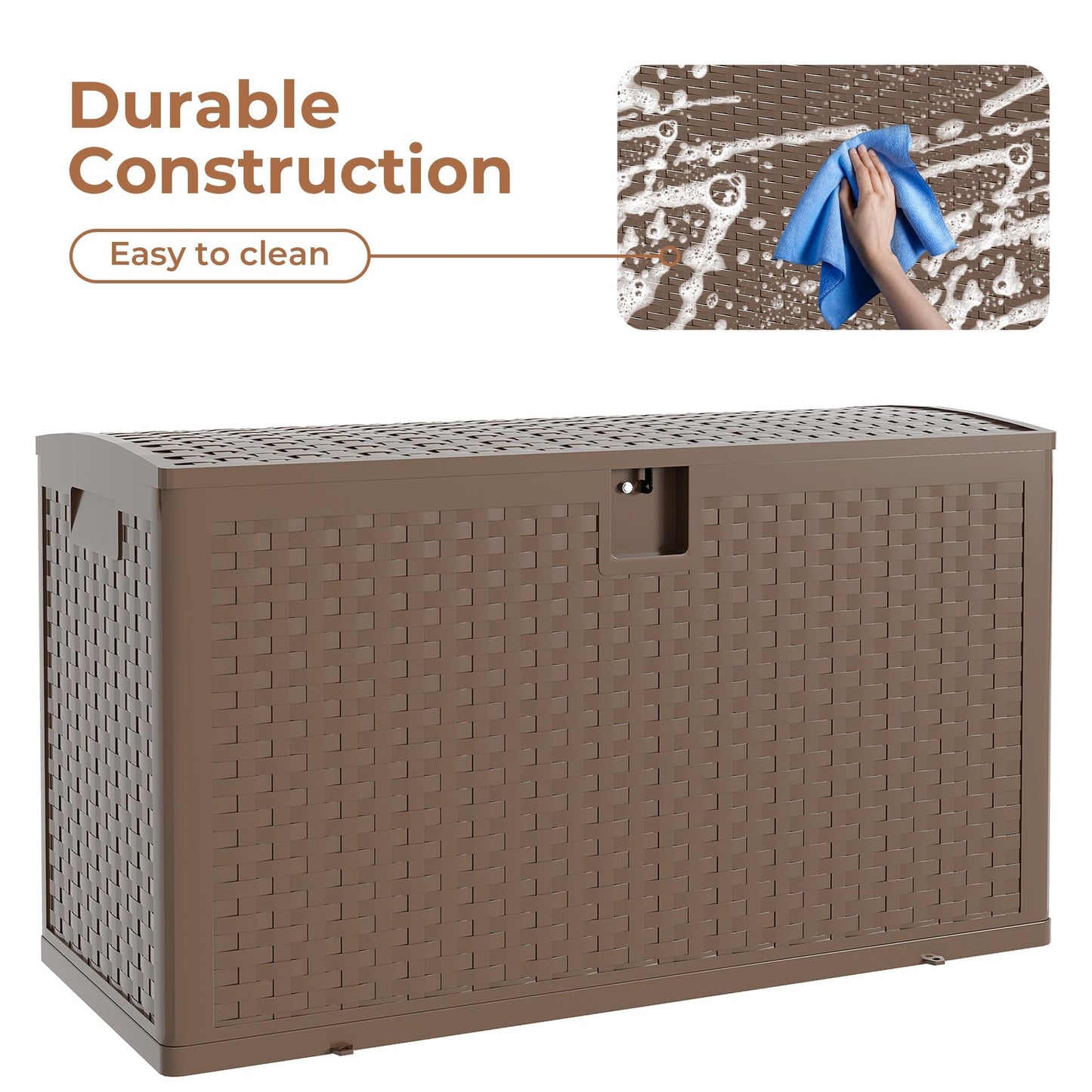 Hetoy 99 Gallon Resin Deck Storage Box, Waterproof Weather-Resistant Outdoor Storage Bin, Lockable Design for Patio Cushions, Garden Tools and Package Delivery, Brown