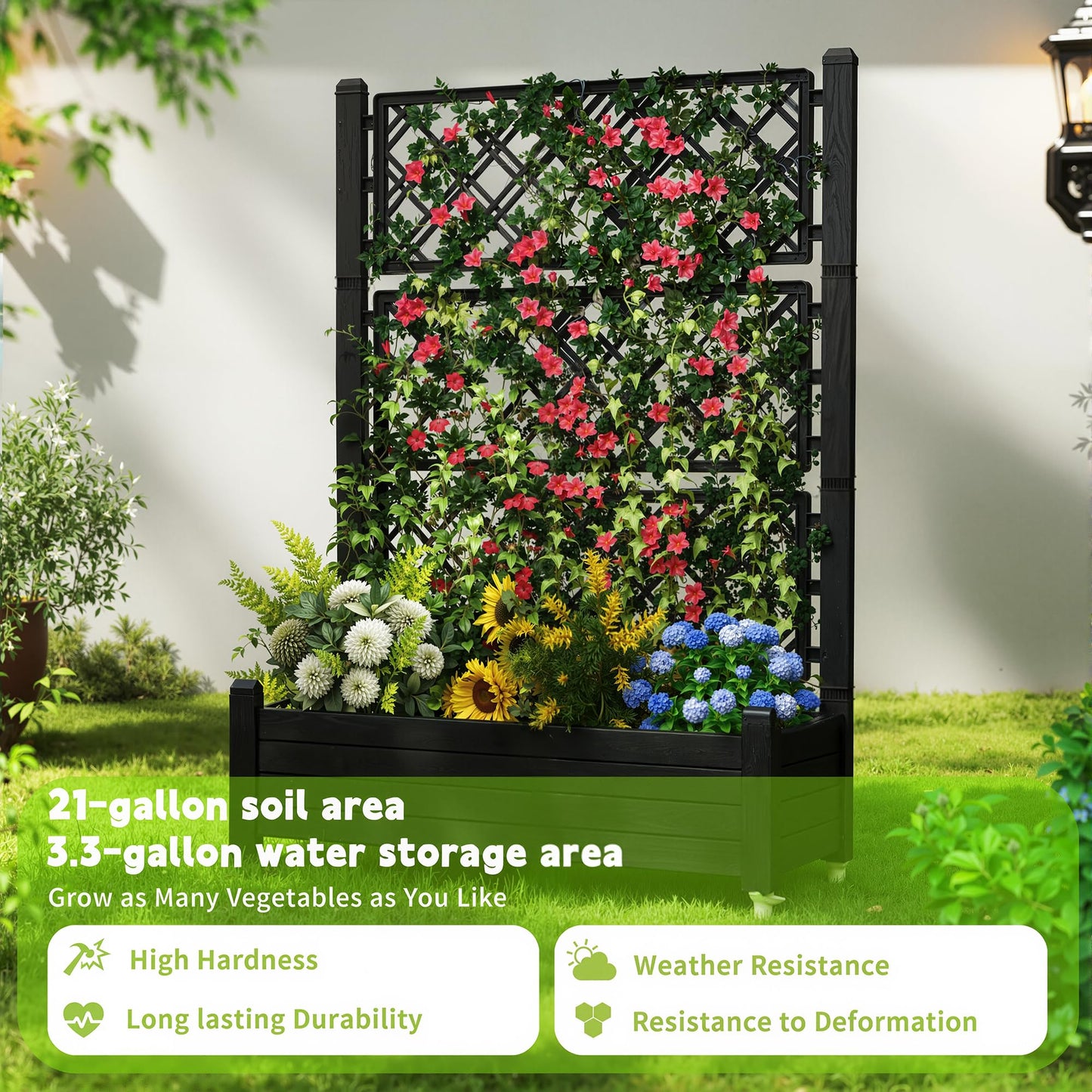 PatioZen Raised Garden Bed with Trellis, 21 Gallon Self Watering Planter Box with Lockable Wheels & Drainage Holes for Climbing Plants Vegetables Flowers, Anti-Rust Resin for Backyard Patio (Black)