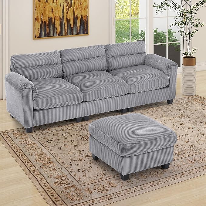 HAOMARKETS Corduroy 2-Piece Sofa Set, Upholstered Ottoman and 3-Seater Sofa