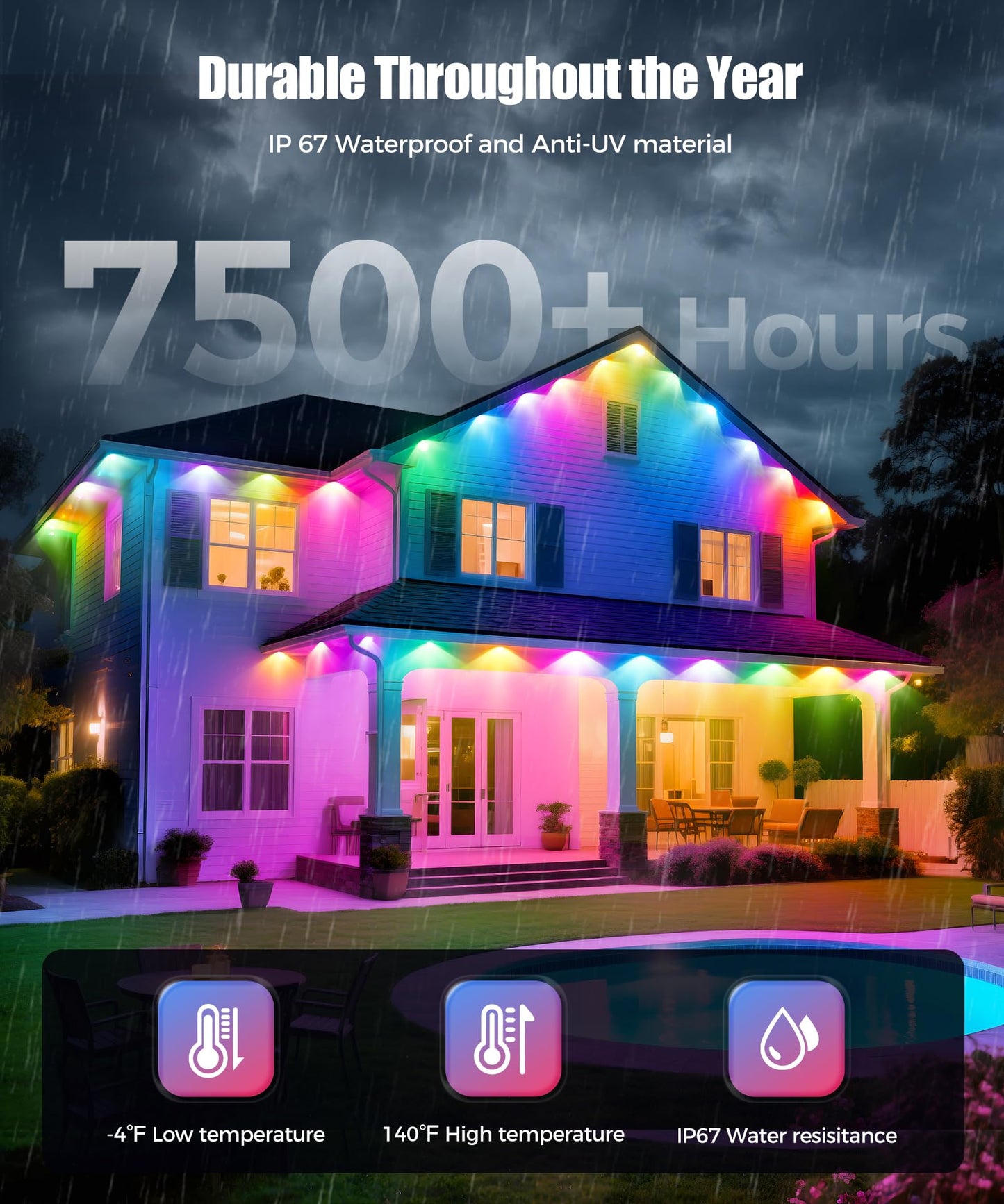 POOFZY Permanent Outdoor Lights for House,150ft RGB+IC Smart Outdoor Decor, 50 Scene Modes,App/Remote Control,IP67 Waterproof,for Christmas,Halloween,Daily & Holiday Party Decor,House Roof Lighting