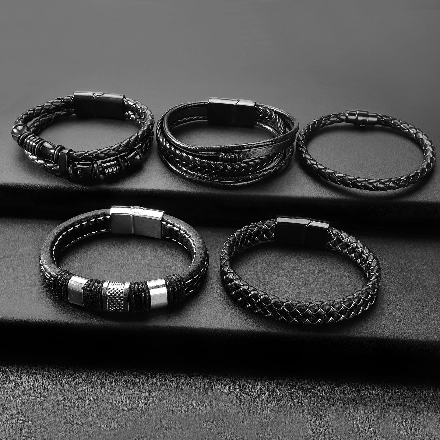 LOWNOUR Black Leather Bracelets for Men Women 5pcs Mens Bracelet Leather and Steel Braided Cuff Bracelets (7.5inch)