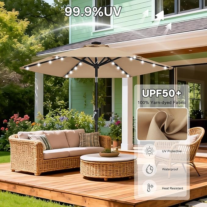 ABCCANOPY Durable Solar Led Patio Umbrellas with 24LED Lights 7.5FT with 6 Sturdy Ribs (Tan)