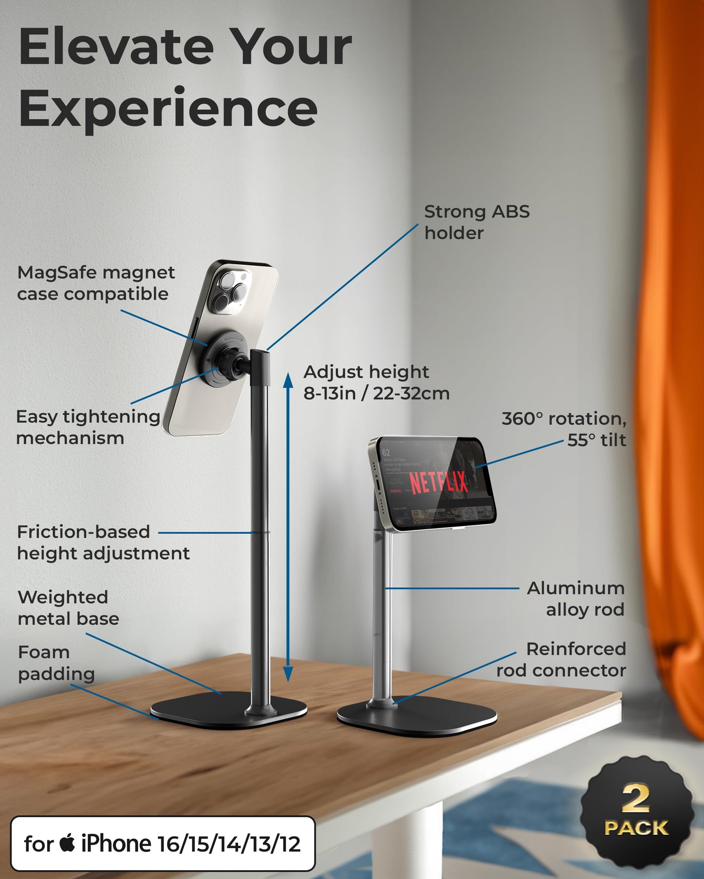 COOPER MagStand - iPhone Stand for Desk & Video Recording, Compatible with MagSafe, Stand for iPhone 16 Pro Max Plus, 15/14/13/12 (x2 Pack - Night Black)