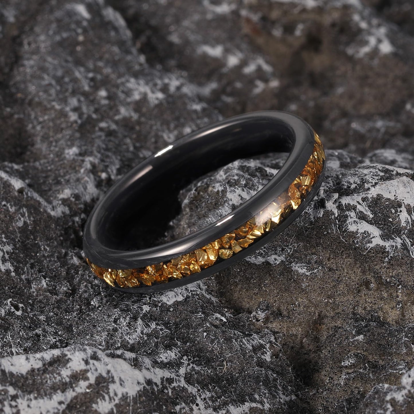 NUNCAD Women's Tungsten Rings 4mm Black Wedding Band Inlaid with Citrine Center Polished Domed Comfort Fit Size 5