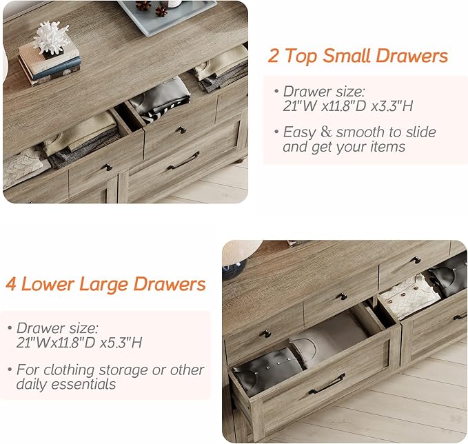 WAMPAT 6 Drawers Dresser for Bedroom, Farmhouse Wooden Chest of Drawers Baby