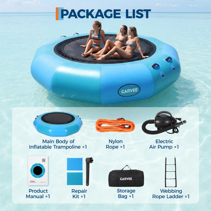 Inflatable Floating Dock, 12x12 ft PVC Round Water Trampoline, Floating Hammock for Pool Lake Ocean, Inflatable Hammock with 4-Step Rope Ladder & Electric Pump, Floating Platform for Adults and Kids
