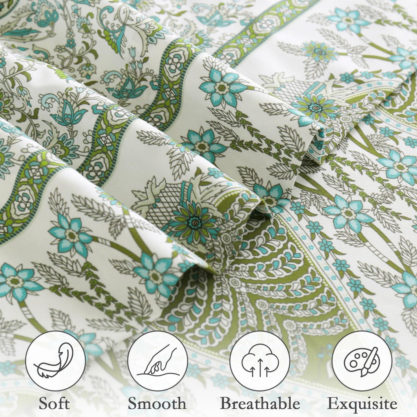 ChicView Queen Size Paisley Printed Sheet Set,4 Pieces Boho Style Breathable Soft Microfiber Bedsheets, Anti Pilling Deep Pockets Easy Care Bed Sheets, Green