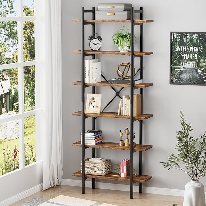 6 Tiers Bookshelf Organizer Industrial Shelf, Modern Open Display Storage