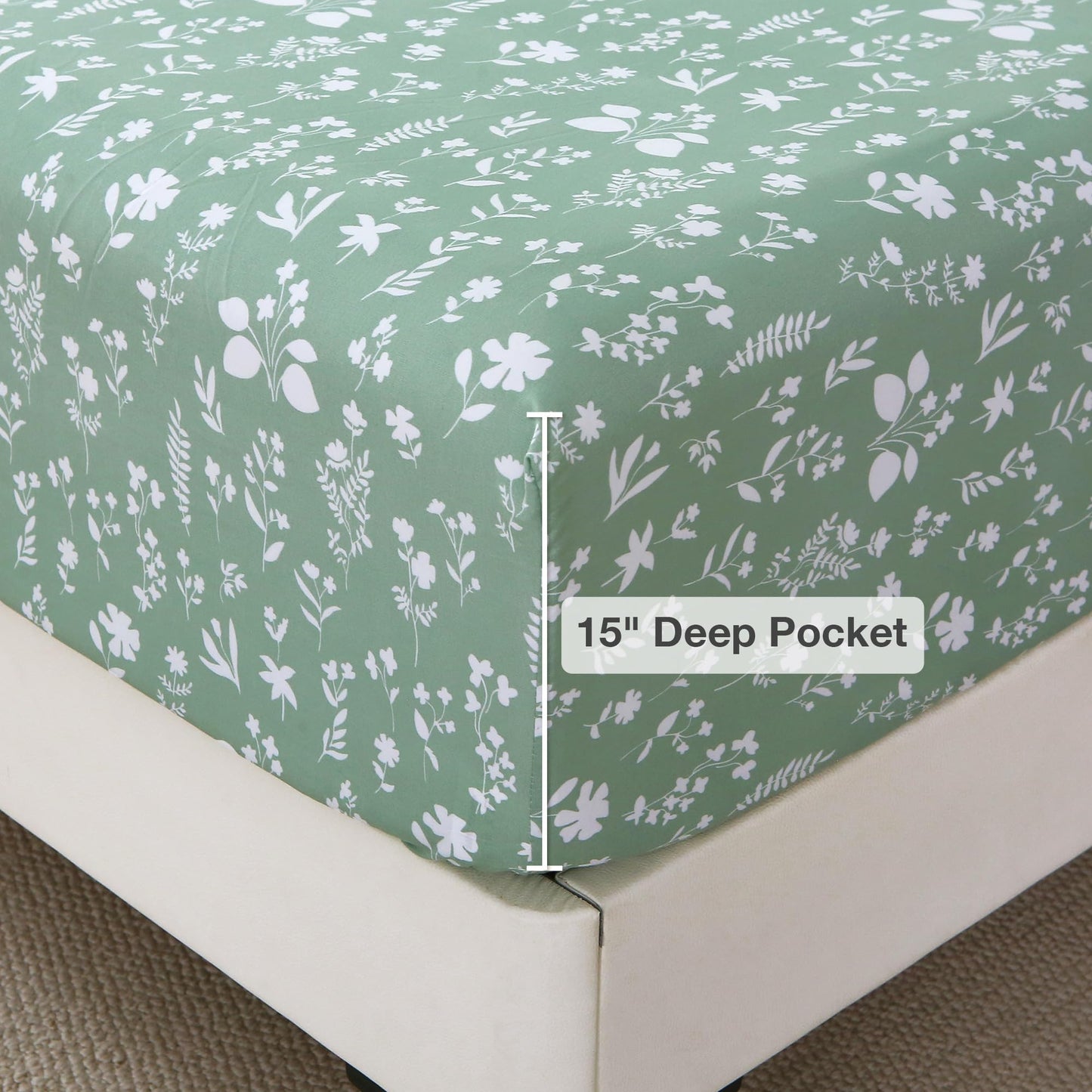 Viviland Sage Green Twin Sheet Set - 4 Piece Vintage Green Flower Patterned Bed Sheets - Soft, Breathable Microfiber Floral Sheets with Deep Pocket, Non-Slip Fitted Sheets & Pillowcases