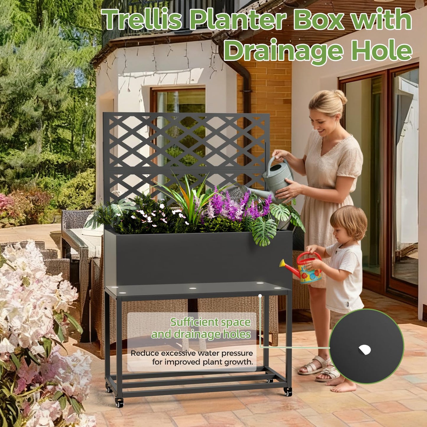 Metal Planter Box with Trellis, 3 in 1 Raised Garden Bed with Trelli & Firewood Rack, Privacy Planter Screen for Climbing Plants, Vine, Outdoor Garden Standing Beds with Drainage Holes, Wheels,Black