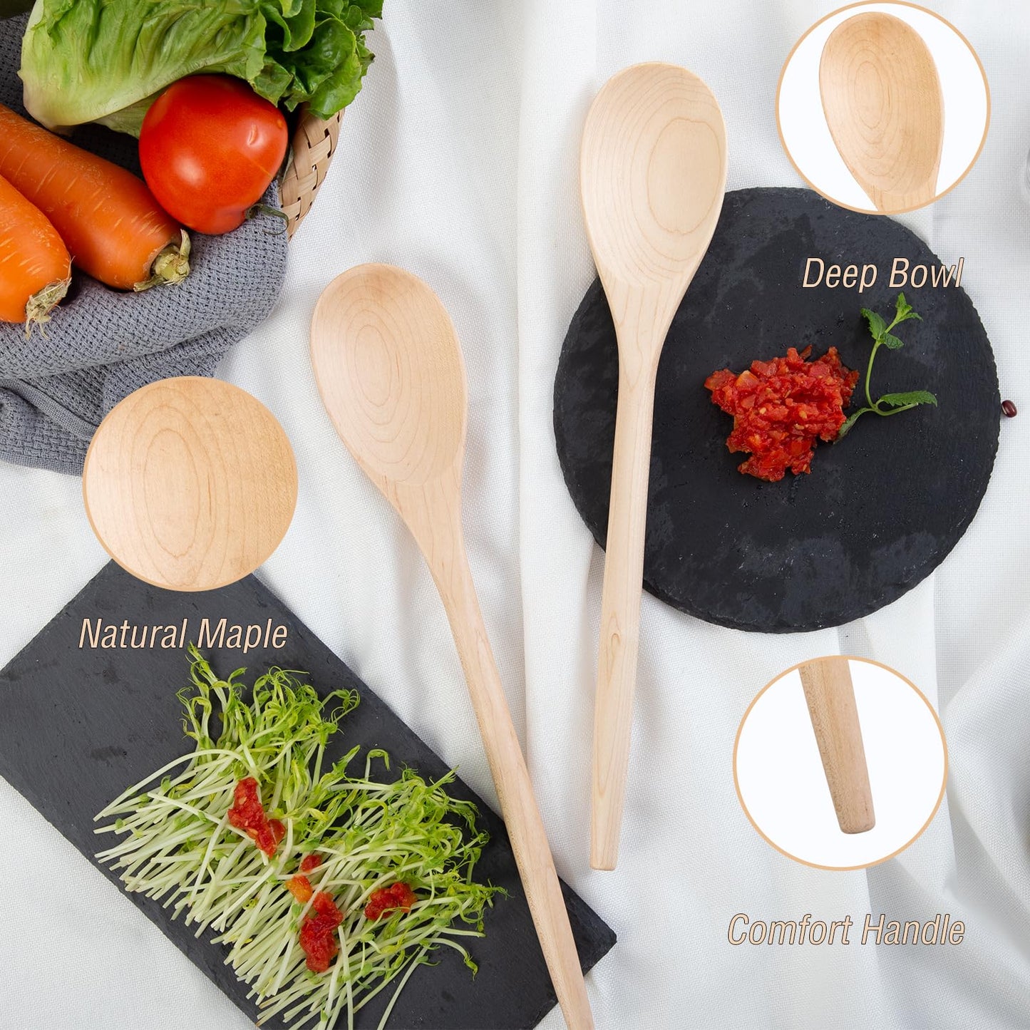 2PCS Wooden Cooking Spoons, 14 Inch Maple Wooden Spoons for Cooking or Mixing Salad, Wooden Spoons Cooking for Stirring Sauce Soup Nonstick Spoon Kitchen Serving Utensil Long Handle with Smooth Finish