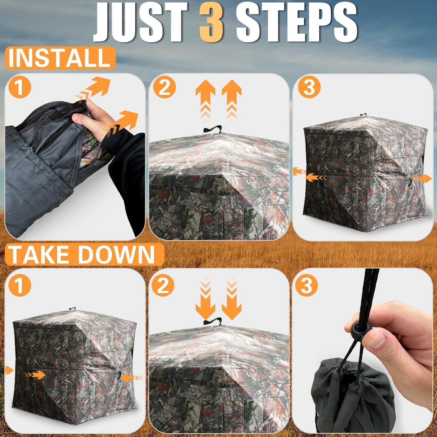 Beviliu Hunting Blinds 360 Degree See Through Ground Blind for Turkey Hunt, 2/3/4 Person Hunting Gear, Turkey Hunt Accessories Camouflage Portable Pop Up Deer Blinds for Hunt