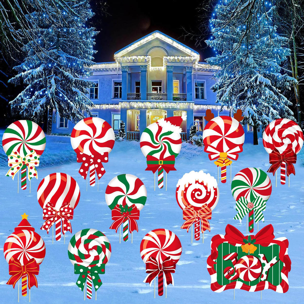JOICEE Christmas Outdoor Yard Signs Candy Decorations, Peppermint Lollipop Candy Signs with Stakes for Holiday Party Home Lawn Pathway Decorations Supplies