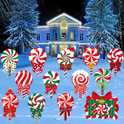 JOICEE Christmas Outdoor Yard Signs Candy Decorations, Peppermint Lollipop Candy Signs with Stakes for Holiday Party Home Lawn Pathway Decorations Supplies