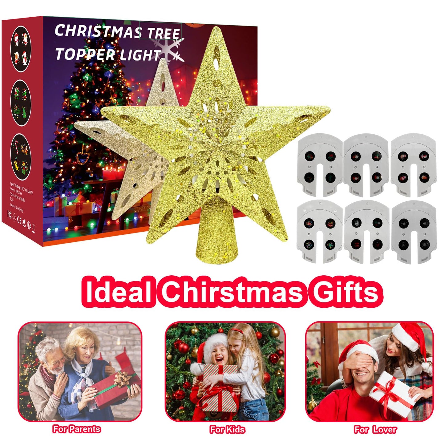 10" Christmas Tree Topper Star Lighted with 6 Projection Modes, Light Up Christmas Tree Topper Built-in LED Rotation Light, 3D Glitter Dynamic Projector Tree Top for Xmas Party Decorations Gift