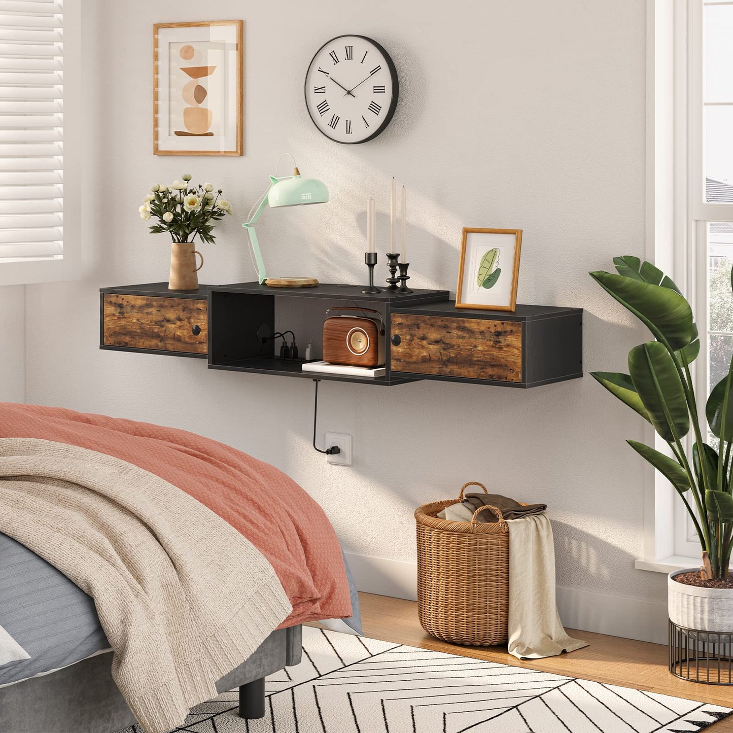 HOOBRO 55" Floating TV Stand with Power Outlet, Modern Wall Mounted Media Console Shelf Cabinet for Under TV Storage, Entertainment Center, Living Room, Bedroom, Rustic Brown and Black BF11DS01