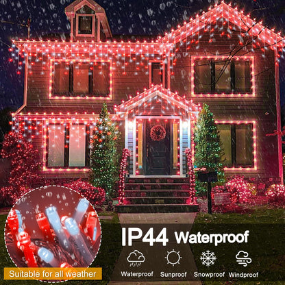 99ft Red and White Christmas Lights, 1216 LED Icicle Lights for Outside, Clear Wire Twinkle Light with 8 Modes Timer Waterproof for House Window Party Tree Holiday Patio Yard Home Decoration