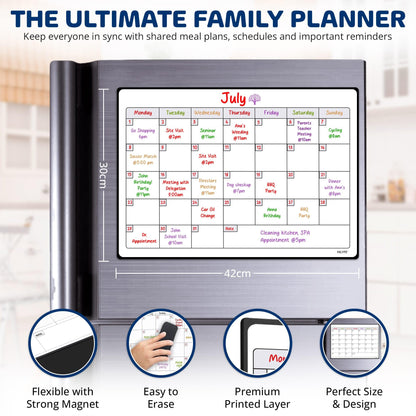 HILYFE Monthly Planner Whiteboard A3- Magnetic Fridge Calendar for Cupboard & Wall with 4 Dry Erase Markers - Meal Planning Memo Board - Task Planning and Event Reminder Notice Board