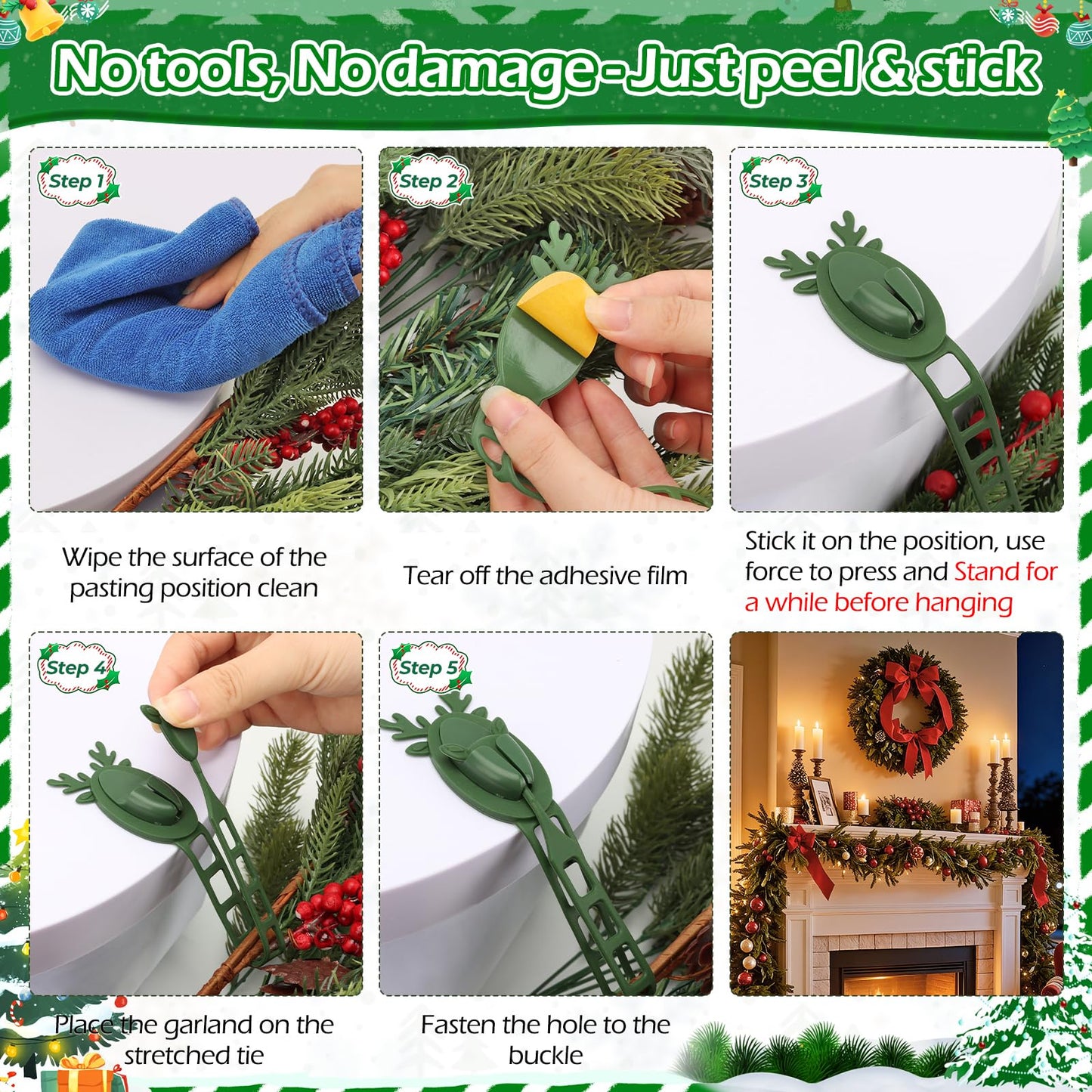 YIBOBO 18 Pcs Christmas Garland Hangers with Locking Buckle, Reindeer Design Adhesive Hooks for Stair Railing Fireplace Mantle Door, Reusable Silicone Stocking & Ornament Holders, Green (Deer, 18)