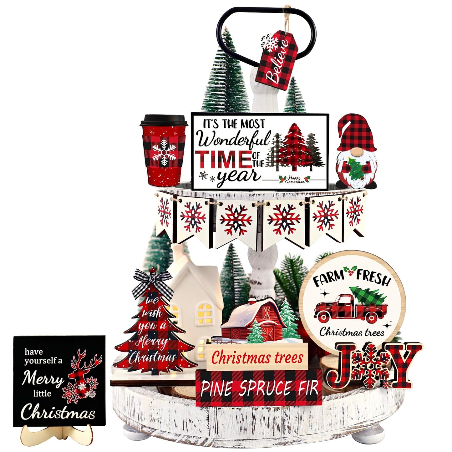 20 Pcs Christmas Tiered Tray Decor - Christmas Decorations Indoor Table Centerpieces Red and Black Buffalo Plaid Tray Decor with Snowflake, Xmas Tree, Gnome Wooden Signs for Home Shelf Decor