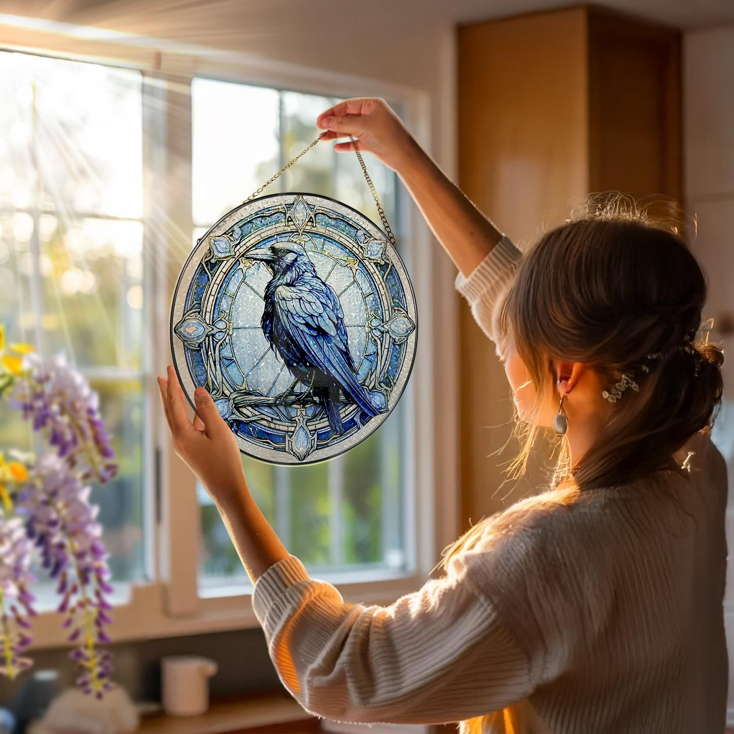 8 Inch Stained Glass Suncatcher Ornament, DOUHASU Crow Sun Catchers Indoor Window, Stained Glass Window Hanging, Home Decor, Bird Lovers Gifts for Women, Men