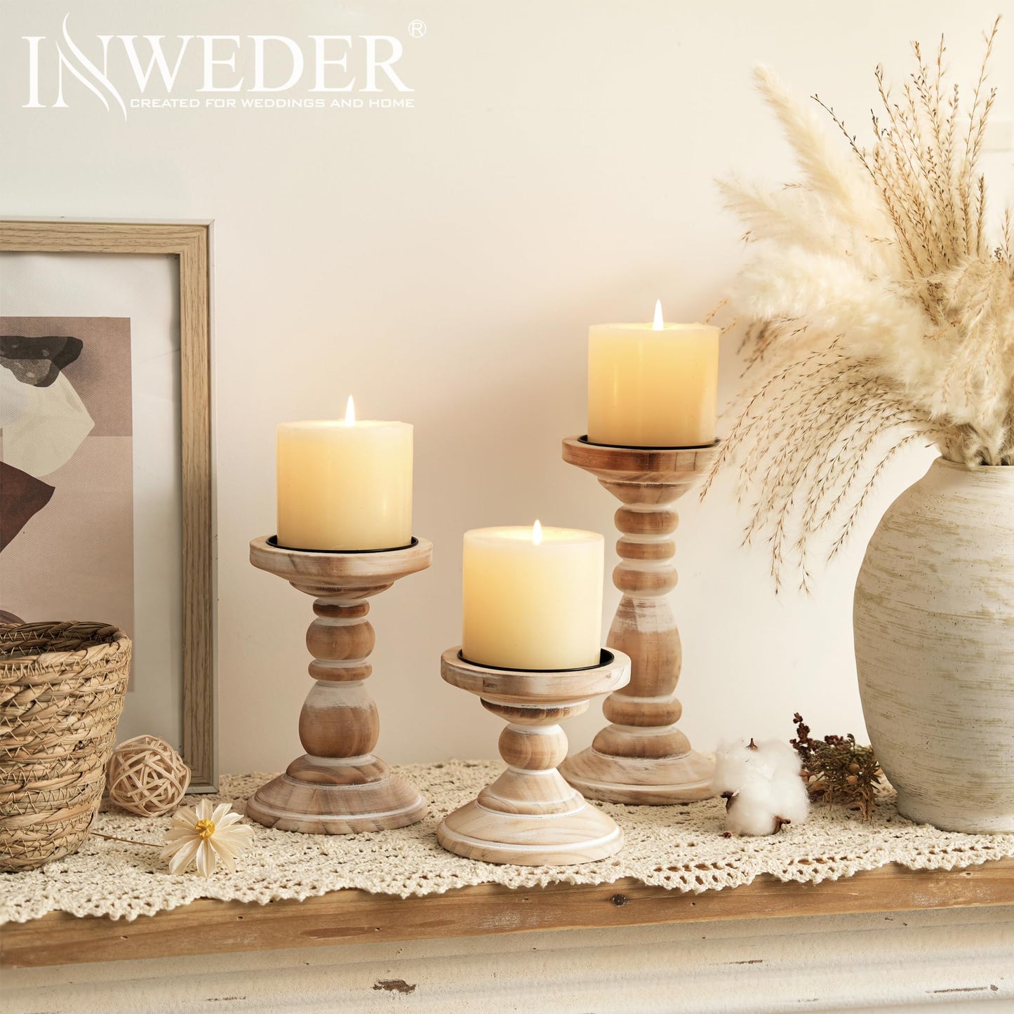 Inweder Wood Pillar Candle Holder: 3Pcs Rustic White Candle Holders for Pillar Candles Wood Candle Holders Distressed Wooden Farmhouse Candle Holder Large Rustic Candle Holder for Fireplace Table