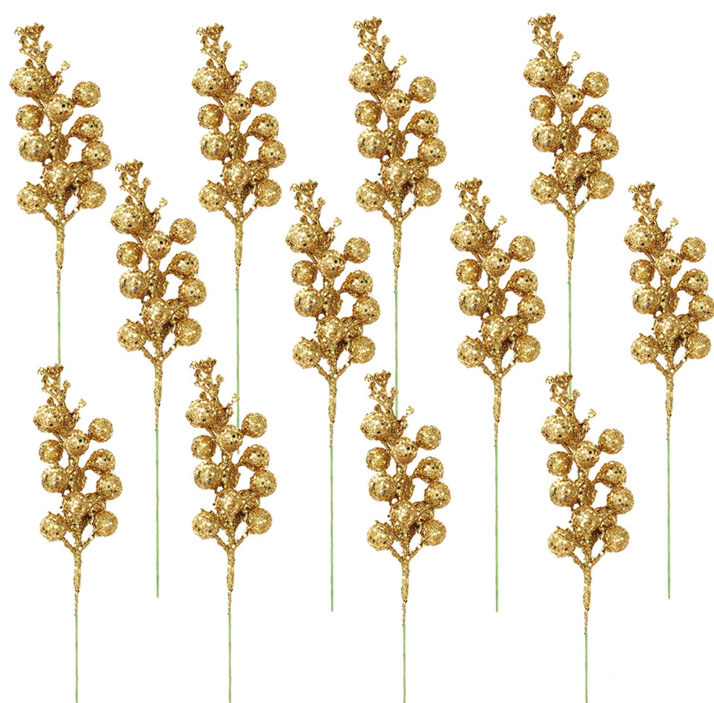 Kubert 15 Pack Christmas Glitter Berries Stems, 8 Inch Artificial Christmas Picks for Christmas Tree Ornaments, DIY Xmas Wreath, Crafts, Holiday and Home Decor (Gold)
