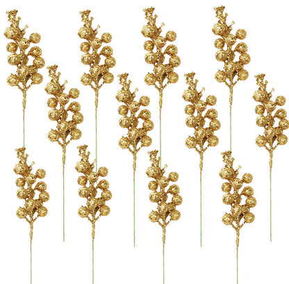 Kubert 15 Pack Christmas Glitter Berries Stems, 8 Inch Artificial Christmas Picks for Christmas Tree Ornaments, DIY Xmas Wreath, Crafts, Holiday and Home Decor (Gold)