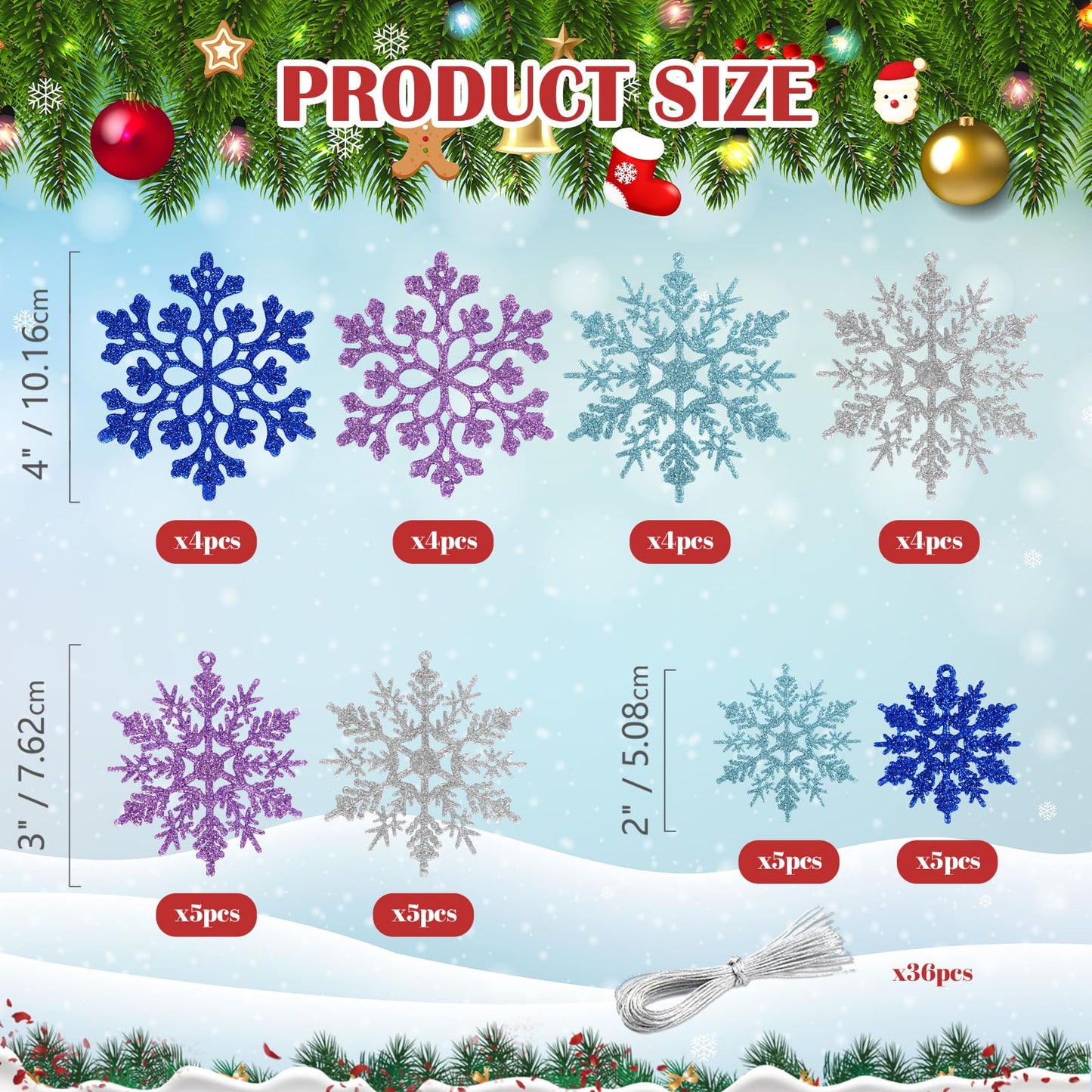 36pcs Light Purple Blue Silver Christmas Snowflake Ornaments, Plastic Glitter Hanging Snow Flakes for Christmas Tree Decorations Winter Wonderland Frozen Birthday Party Home Decor Craft Snowflakes