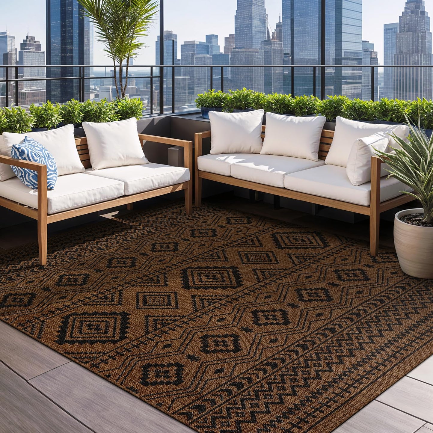 Beverly Rug Waikiki Boho Indoor Outdoor Rug 9x12, Washable Outside Carpet for Patio, Deck, Porch, Bohemian Area Rug, Farmhouse Rugs, Aztec Tribal Rug, Nut Brown and Black