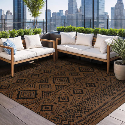 Beverly Rug Waikiki Boho Indoor Outdoor Rug 9x12, Washable Outside Carpet for Patio, Deck, Porch, Bohemian Area Rug, Farmhouse Rugs, Aztec Tribal Rug, Nut Brown and Black