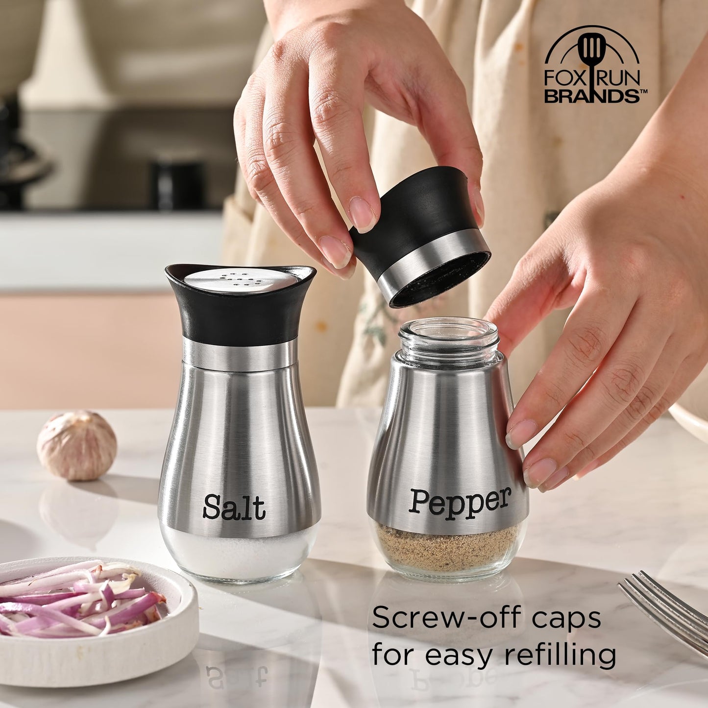 Fox Run Modern Salt and Pepper Shakers, Set of 2 Kitchen Shakers with 4 Ounce Capacity