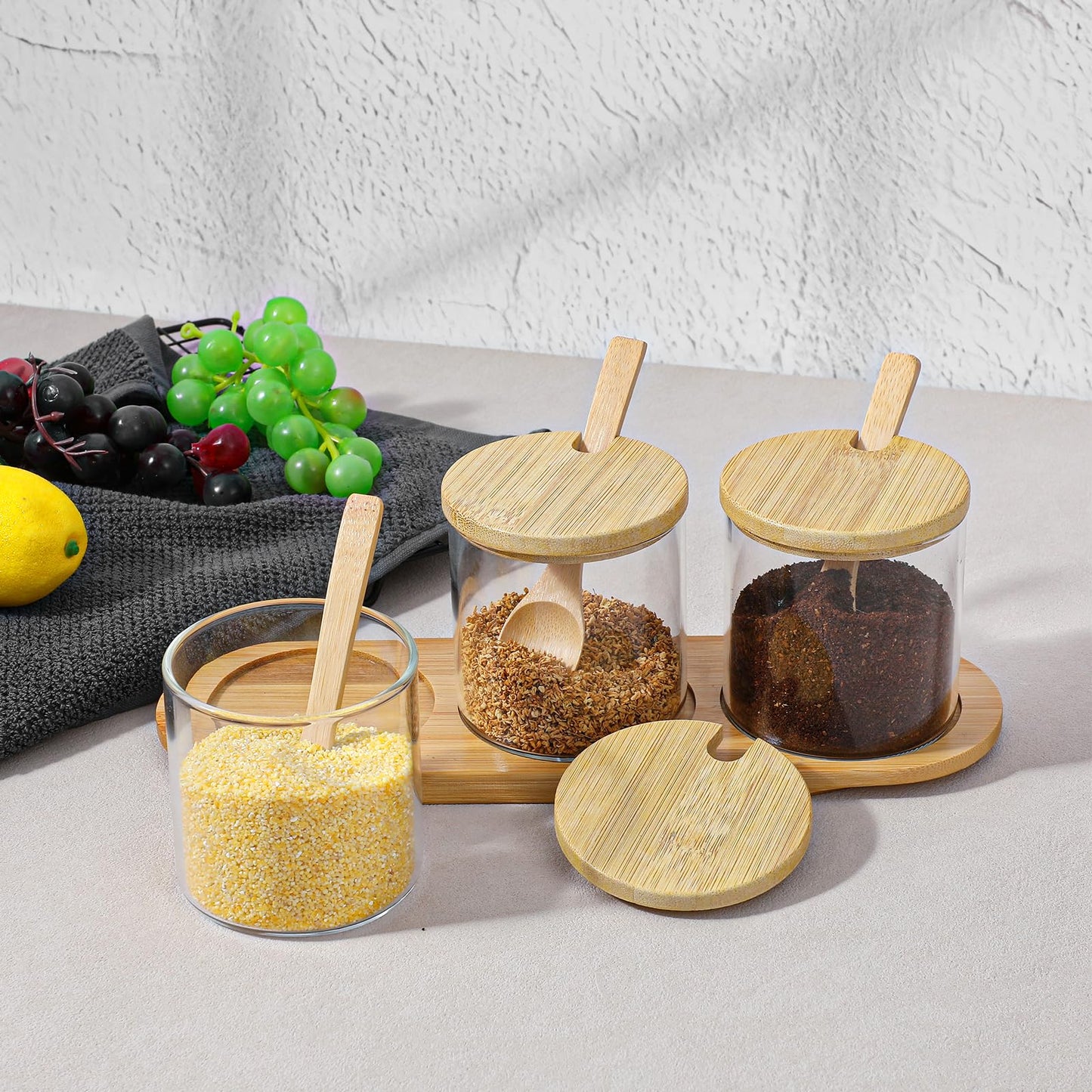 2 Pcs Salt and Sugar Container Sets, Condiment Containers with Lids, Square Glass Jar with Bamboo Lid & Spoon, 12 Oz Glass Pantry Storage Containers for Kitchen, Coffee, Tea, Candy, Spice Organization
