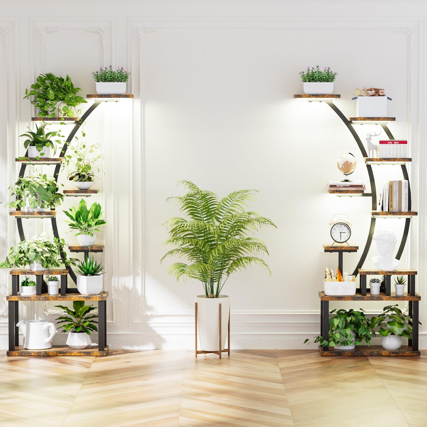 AnoYishev Plant Stand Indoor with Grow Lights, 2 Pack 63" Tall 9 Tiered Metal Plant Shelf, Large Plant Rack Display Shelves, Curved Plant Holder for Living Room, Patio