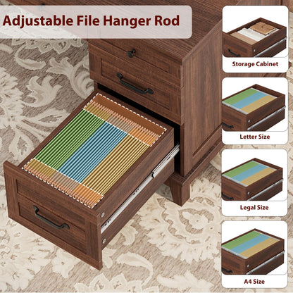 Garvee 53.5" Wooden Home Office Desk with File Drawers, Executive Desk with Power Outlet, Farmhouse Wood Desk with Storage, Distressed Study and Work Table, Rustic Brown