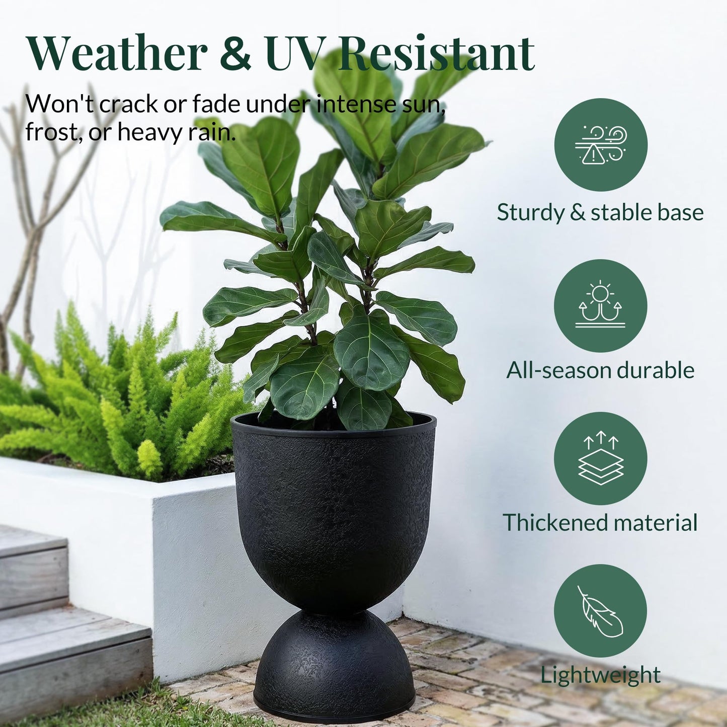 KOL Planters Flower Pots, Large Plastic Urn Planters for Indoor Outdoor Plants, Black Pedestal Planter 2 Pack, 18 Inch+23 Inch, Tall Decorative Planters with Drainage Holes & Plugs for Porch Garden