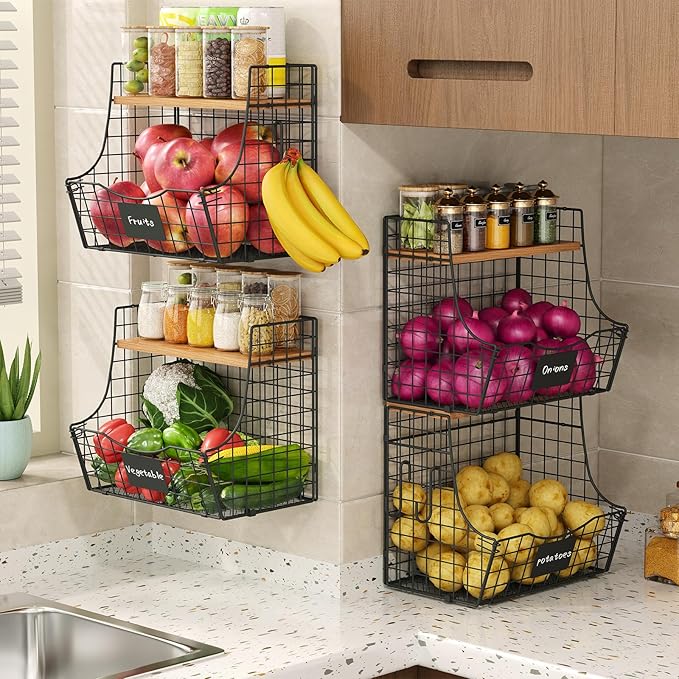 Fruit Basket for Kitchen with Lid, Counter&Wall Mounted Hanging Fruit Basket
